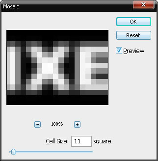 Склейте слои. Примените: Filter-Pixelate-Mosaic (Фильтр-Оформление-Мозаика).