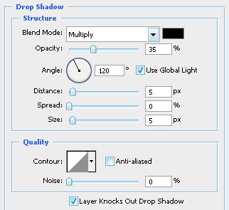 Перейти в Layer Style (Стили слоя) и применить Drop Shadow (Внешняя Тень):